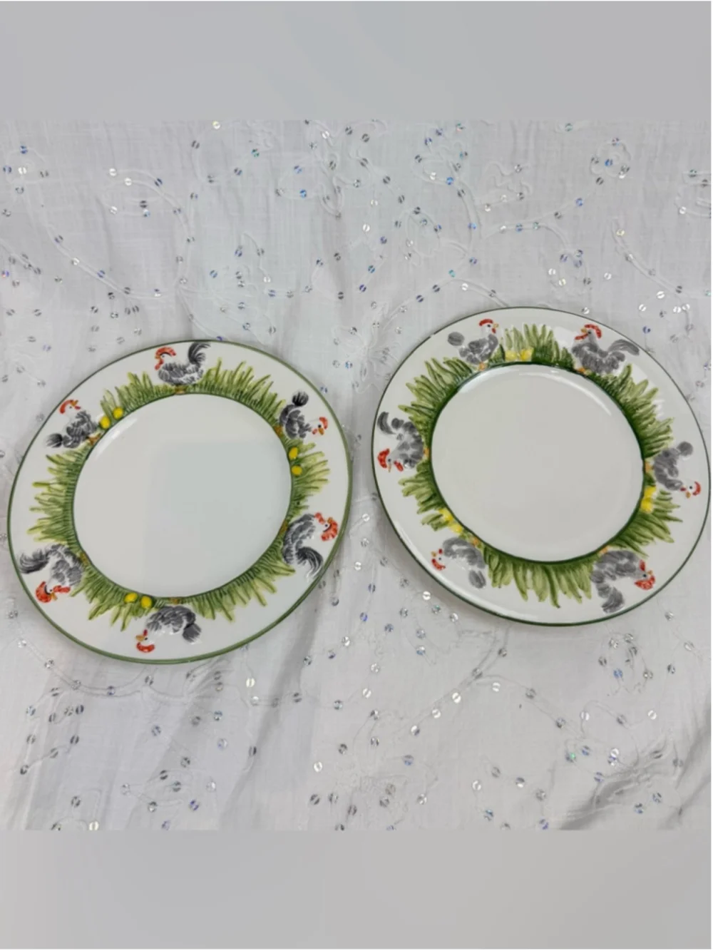 Vintage San Marco Italy Rooster Plates (2) Hand Painted Farmhouse Wall Decor 9”